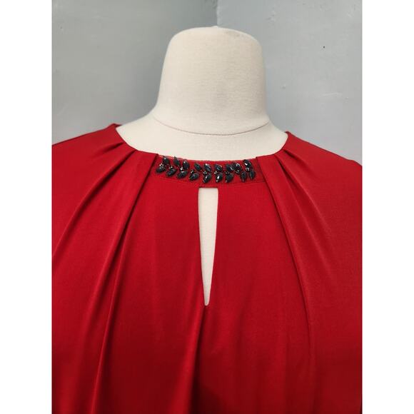 LIZ CLAIBORNE Red Liquid Knit Top Jeweled Keyhole Neckline Size XL OX - Picture 2 of 11